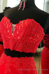 Elegant Two Piece Sweetheart Beaded Red Semi Formal Prom Dress with Lace-up Back